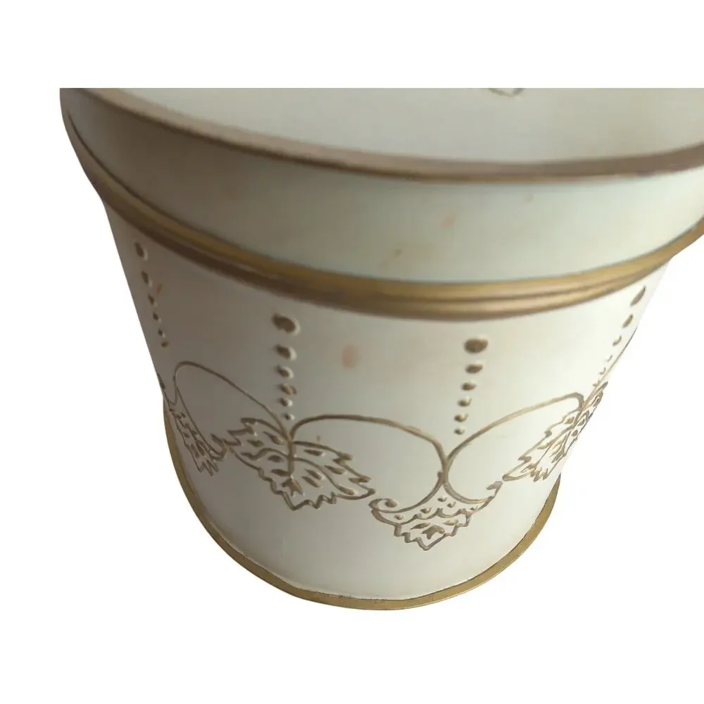 Vtg Ornate Embossed Metal Round Box Gold Cream Floral Footed Hollywood Regency